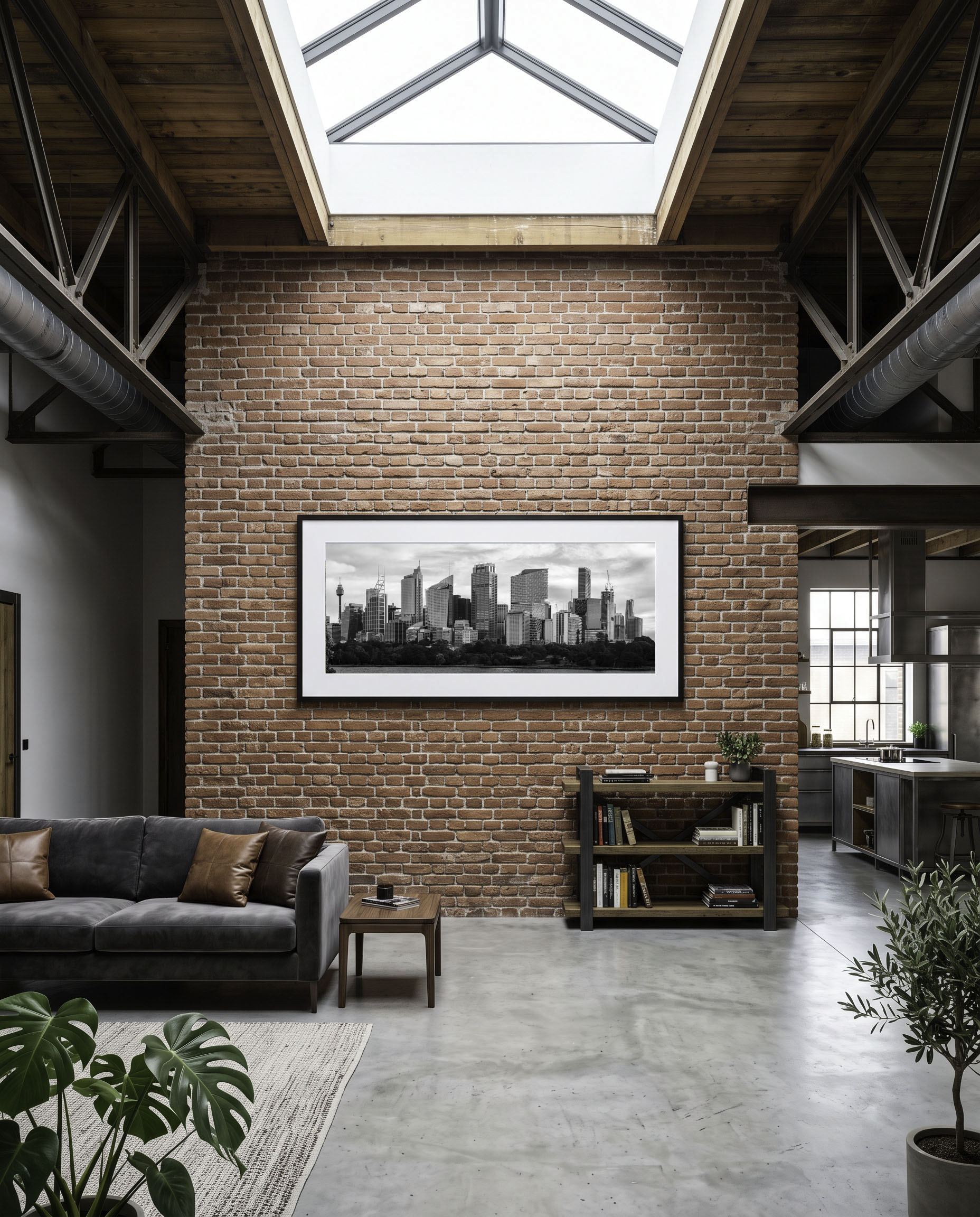 Industrial loft with a panoramic framed print on an exposed brick wall.